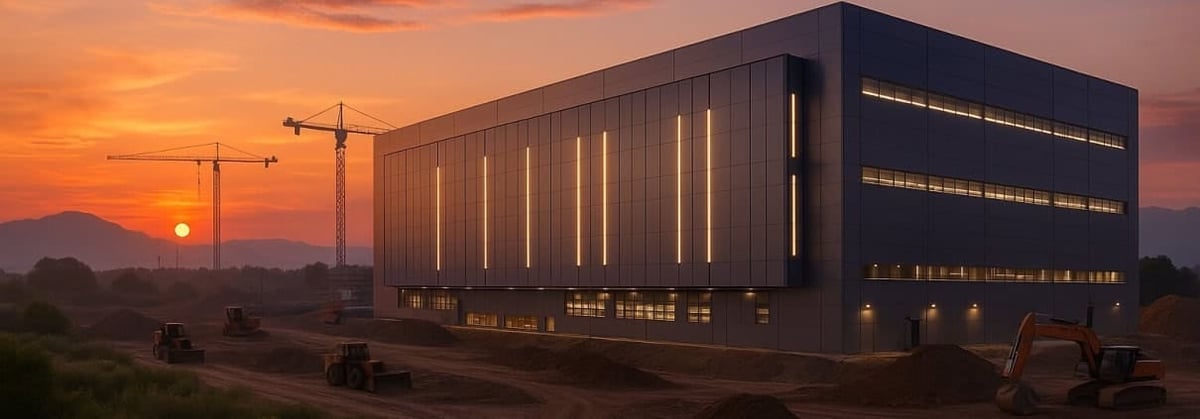 Modern dark building with illuminated windows against an orange sunset sky, construction cranes visible in the background.